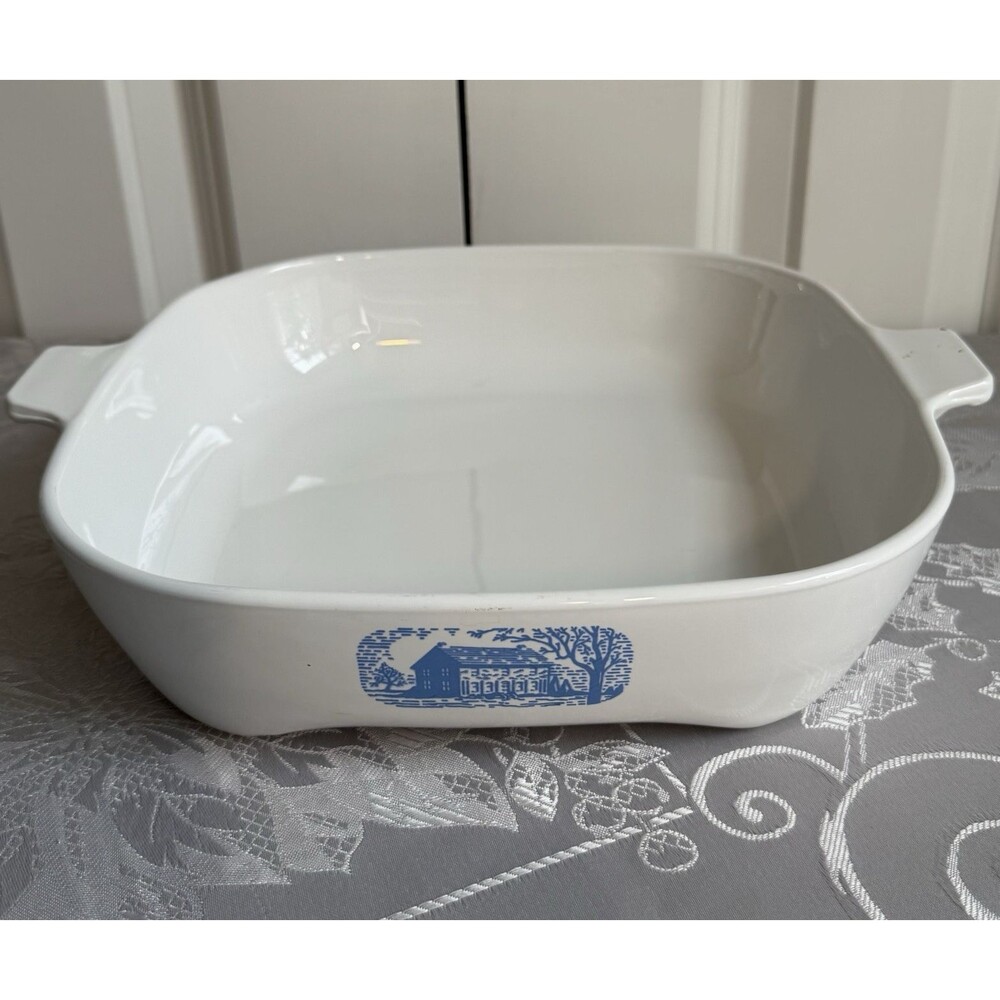 Vtg Corning Ware Amana Microwave Browning Skillet White Blue Colonial House USA